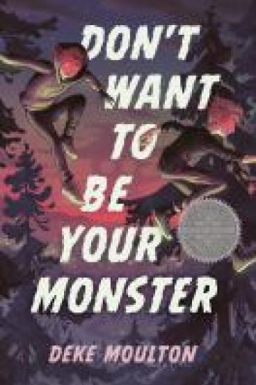 book cover for Don't Want to Be Your Monster, featuring a comic style illustration of two tween boys leaping through the trees at night, their eyes glowing red and leaving red streaks in the air as they pass.  In the distant background is a city scape lighted against the fading sunset.