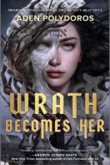 Book cover for Wrath Becomes Her, featuring the title in gold and a facial portrait of a pale dark haired and blue eyed teen with the Hebrew letters Sav, Mem, and Aleph across her forehead. A gnarled tree and classical marble statue twine around and merge with her face, and the peaked roofs of a European city lie below her