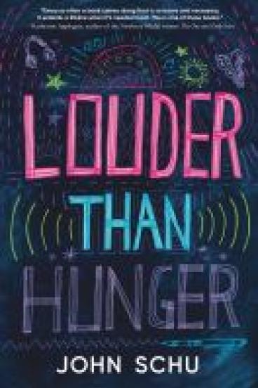 book cover for Louder Than Hunger, featuring a background in painted shades of deep blue with the title written in blocky capitals in pink, blue, and purple highlighter pens.  Around the text are other doodle and decorations done in colorful pen