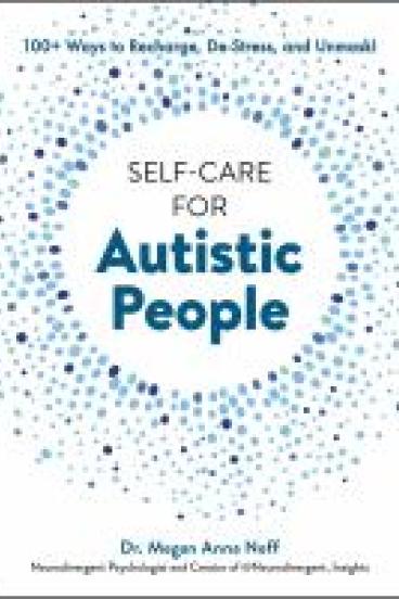 book cover for Self Care for Autistic People, featuring a white background covered in a scatter of blue-green dots of varying size and shade.  The scatter is most concentrated around a central ring that leaves the center of the image empty of dots.  Within that ring is the book title.